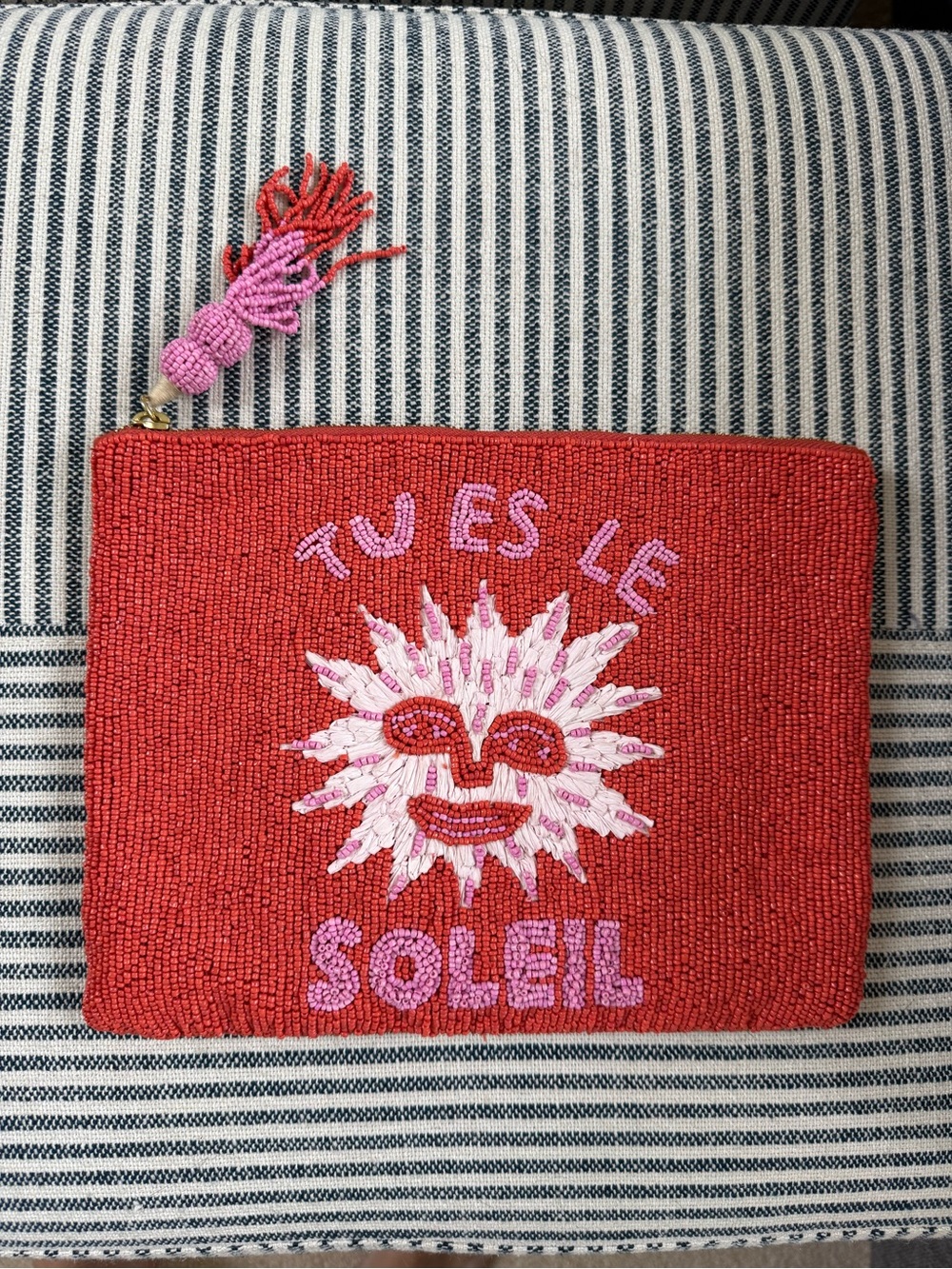 Anthropologie Soleil Beaded Floral Cosmetic Pouch in Red & Cream NWOT